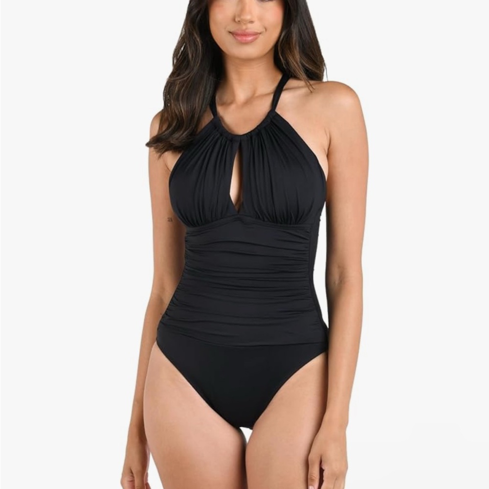 $120 La Blanca Women's Island Goddess High Neck Keyhole One Piece Swimsuit Sz 16